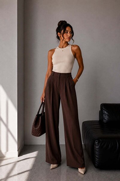 Vadon 1017 Women's Basic Pleated Detailed High Waist Palazzo Fabric Trousers ...