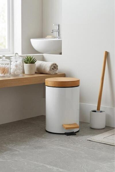 Atbyhome Bamboo Trash Can with Lid for Kitchen and Bathroom, Pedal Bin with B...