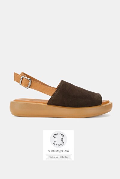 TUNAELLİ Women's Brown Suede Genuine Leather Flat Sole Strappy Daily Sandals