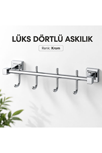 Badem10 Lüks Dörtlü Kanca Askılık Krom Renk Duvar Tipi Banyo Mutfak Antre Ask...