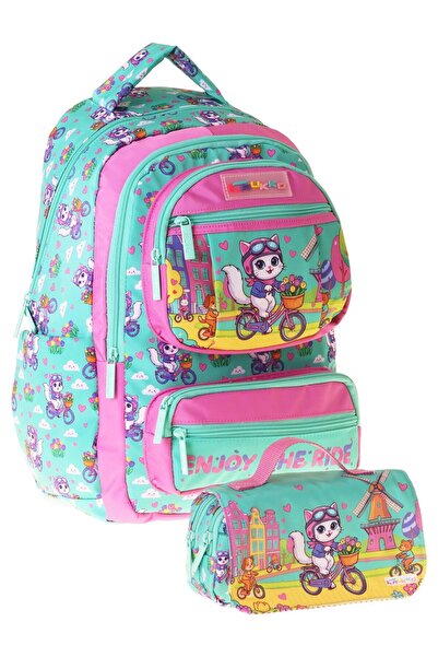 KAUKKO Kids Cat Bike Green - Pink Σετ σακίδιο πλάτης και τσάντα μολυβιών για ...