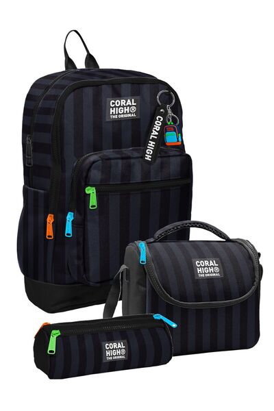 Coral High Boy's Black Gray Striped Patterned Triple Primary School School Ba...