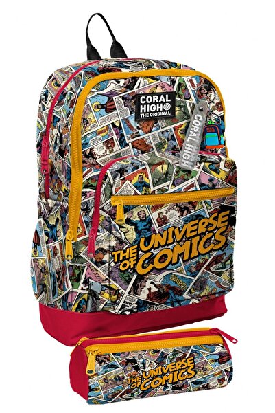 Coral High School Backpack and Pen Holder Set - Yellow Comic Patterned Boys' ...