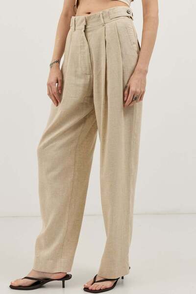 Antioch Natur Linen Blended Pleated Women's Trousers