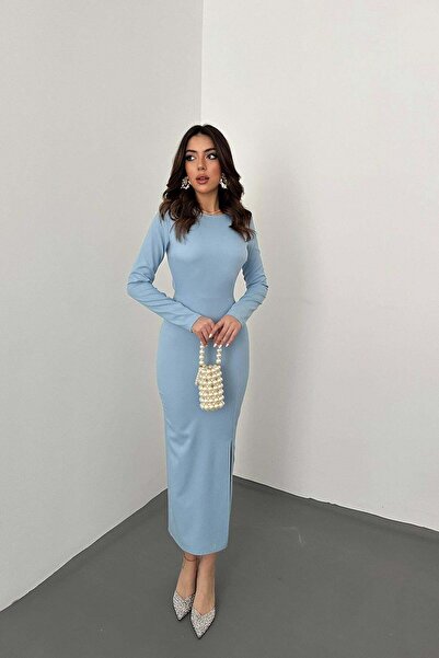Caddebostan Moda Backless Long Sleeve Stretch Crepe Fabric Slit Midi Dress