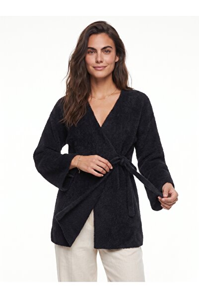 ONLOOX Black Soft Textured Knitwear Double Breasted Closure Side Tie Long Sle...