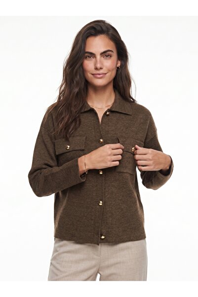 ONLOOX Brown Knitwear Textured Shirt Collar Gold Button Detailed Double Pocke...