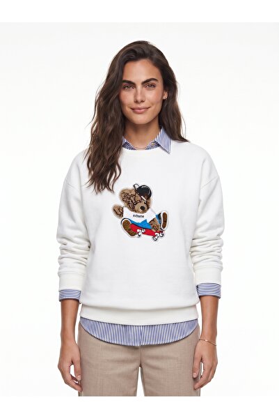 ONLOOX White Cotton Crew Neck Loose Fit Teddy Embroidered Long Sleeve Sweatshirt