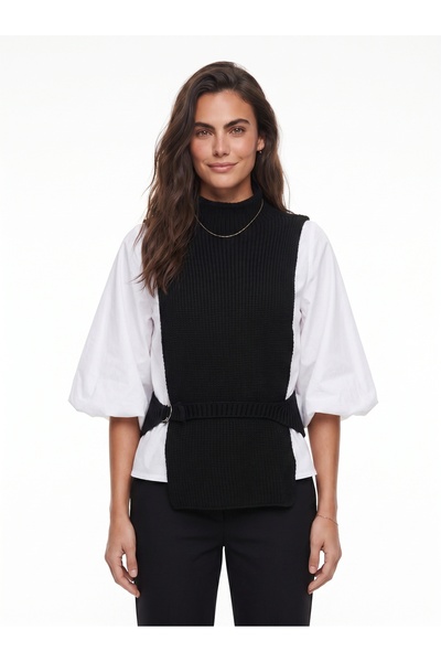 ONLOOX White and Black Cotton Blend Stand Collar Half Sleeve Side Tie Sweater...