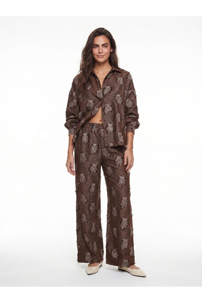 ONLOOX Brown Cotton Woven Elastic Waist Oversize Fringed Detailed Shirt and P...