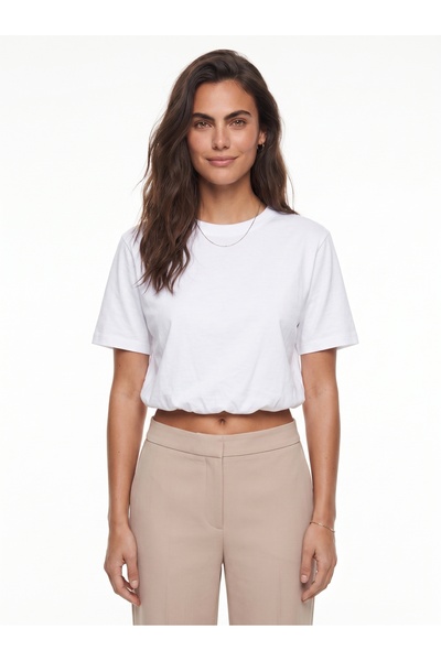 ONLOOX White Viscose Blend Crew Neck Short Sleeve Balloon Form Elastic Waist ...