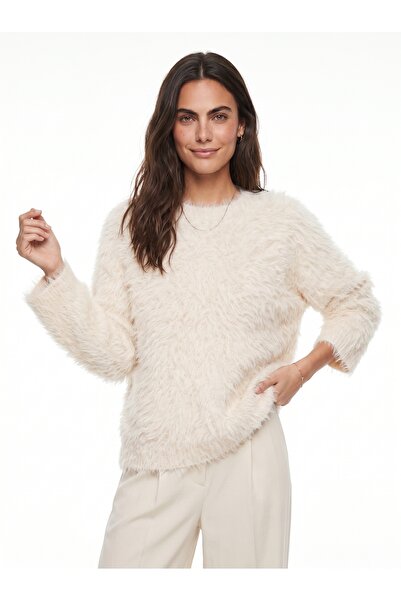 ONLOOX Cream Acrylic Textured Crew Neck Oversize Long Sleeve Soft Fuzzy Knit ...