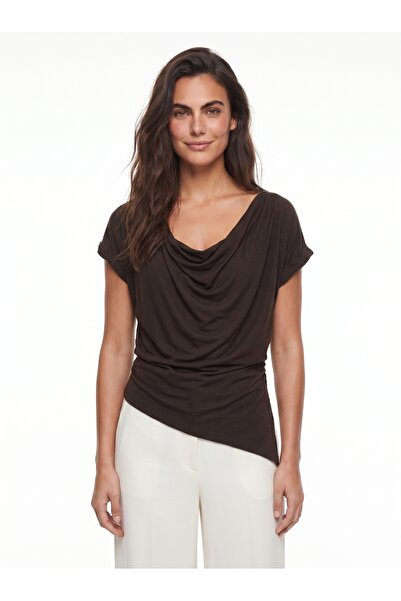 ONLOOX Brown Flexible Flowy Fabric Degaje Collar Asymmetrical Cut Waist Draws...