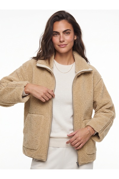 ONLOOX Beige Plush Textured Stand Collar Zippered Wide Cut Coat with Lining a...