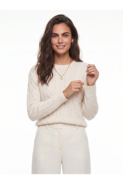 ONLOOX Cream Acrylic Blended Crew Neck Standard Cut Hair Knit Detailed Knitwe...