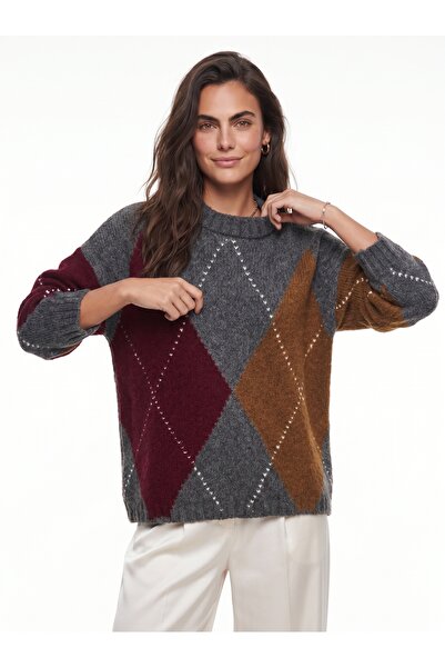 ONLOOX Anthracite Claret Red Stretchy Acrylic Blend Long Sleeve Diamond Patte...