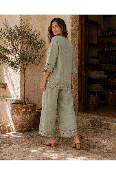 Miss Boheme Khaki Color Scallop Detailed Italian Linen Pants and Blouse Set