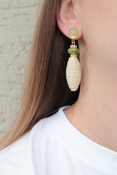 Luvix Design Green Stone Detailed Wicker Earrings