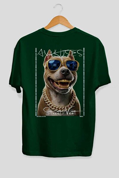 Ankhises For Dog Lovers 49 Green Oversize T-Shirt with Back Dog Print 100% Co...