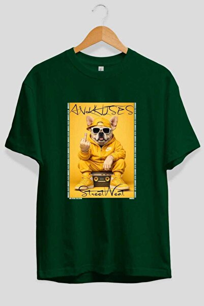 Ankhises For Dog Lovers 62 Front Dog Printed Green Oversize T-Shirt 100% Cott...