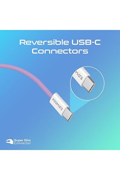 Promate كابل شحن USB-C، كابل شحن ونقل بيانات قوي من النوع C بقدرة 60 واط، نقل...