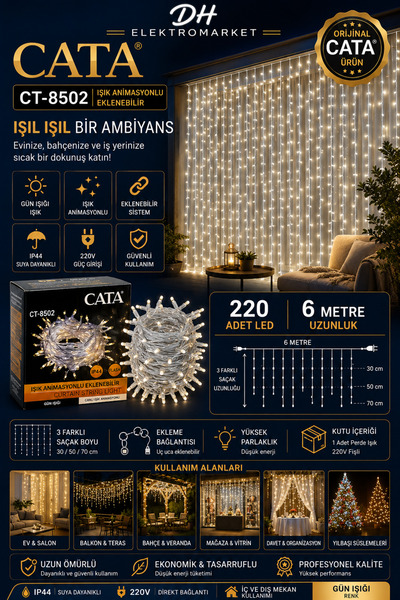 DHELEKTROMARKET CATA CT-8502 Işık Animasyonlu Eklenebilir Perde Işık 220 LED ...