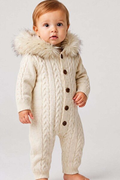 Cantoy Soft Textured Hooded Cream Baby Knitwear Jumpsuit