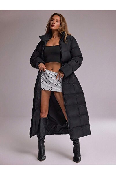 Snatch Kadın Siyah Uzun Şişme Kaban Dik Yaka Maxi Puffer Mont