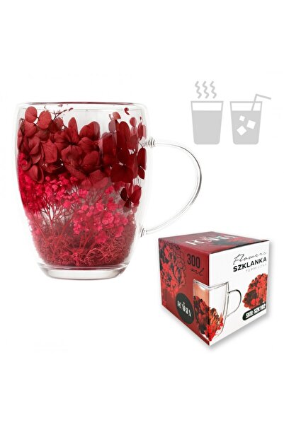 JollyMag Cana 300 ml din sticla borosilicata, pereti dubli, model flori rosii...