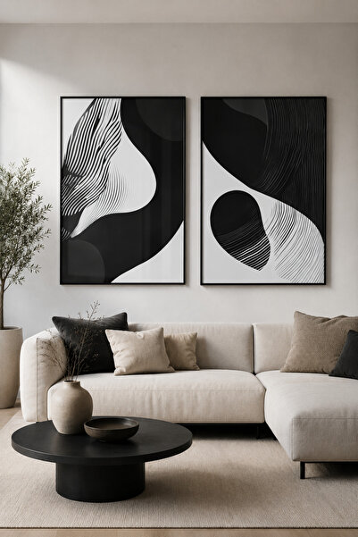 sayetablo Monochrome - Gerçek Cama Baskı Siyah Alüminyum Metal Çerçeveli İkil...