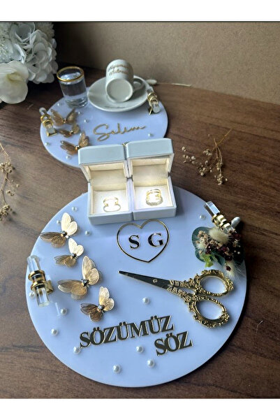CatplexBoutique Söz Tepsisi - Kişiye Özel 2'li Nişan Tepsisi Damat Kahvesi Te...