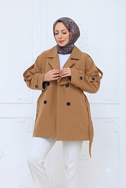 PAVENTİ Short Buttoned Belted Trench Coat Light Brown