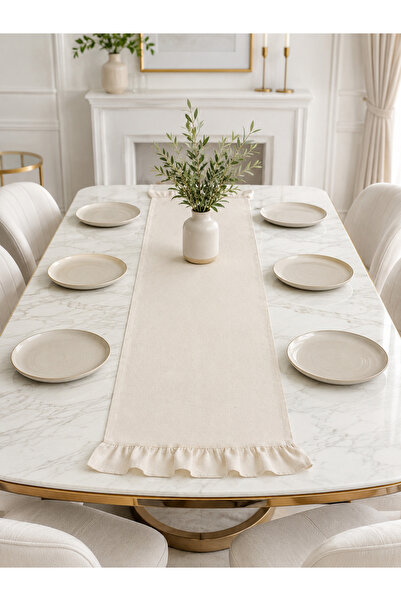 linea natura home Fırfırlı Krem Keten Bohem Vintage Runner
