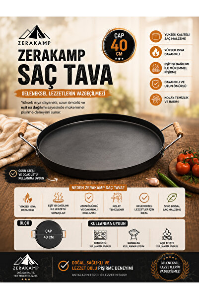 zerakamp 40 cm Döküm Sac Kavurma ve Gözleme Tavası Kamp Piknik Gözleme Sacı