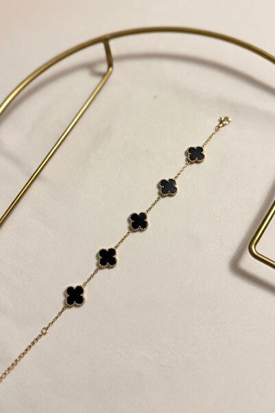 RMY MODA Women's Black Row Clover Figured Gold Chain Bracelet