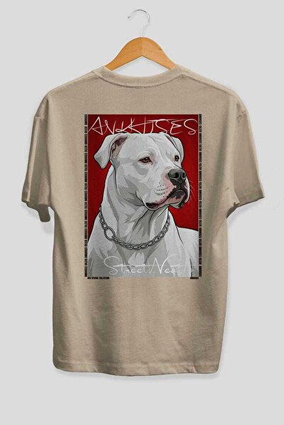 Ankhises For Dog Lovers 41 Back Dog Printed Beige Oversize T-Shirt 100% Cotto...