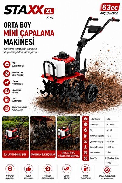 STAXX POWER XL 63cc Benzinli Mini Çapa Makinesi 2 Zamanlı 20HPX Güçlü Şanzıma...