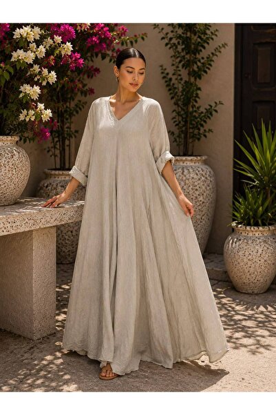 espoire butik kadın italyan keten uzun kloş elbise 44 46 48 bedenlere uyumlu....