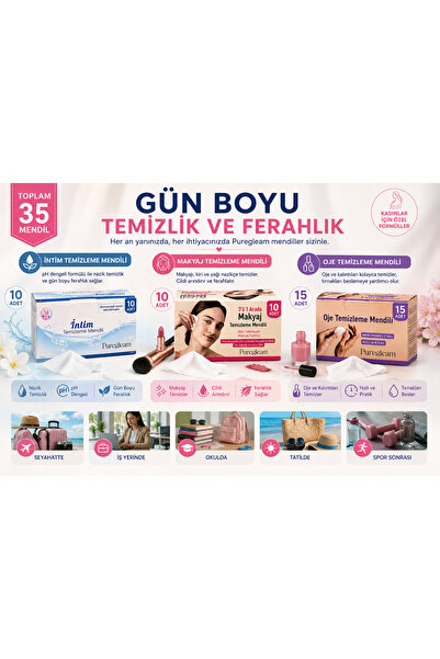 PUREGLEAM Kadın Bakım ve Seyahat Seti 35 Mendil (10 Makyaj + 10 İntim + 15 Oje Temizleme Mendili)