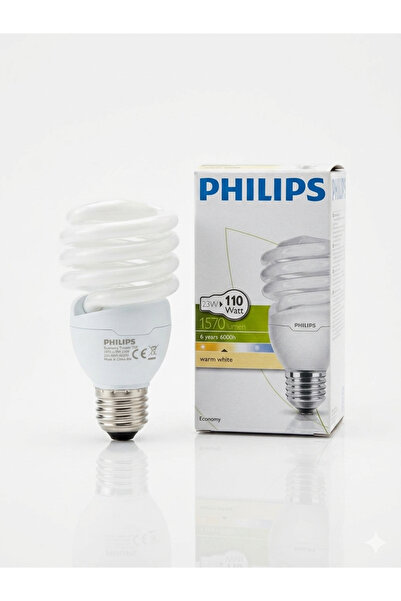 Philips 23W Twister Enerji Tasarruflu Ampul E27 Duy Sıcak Sarı Işık 1570 Lüme...