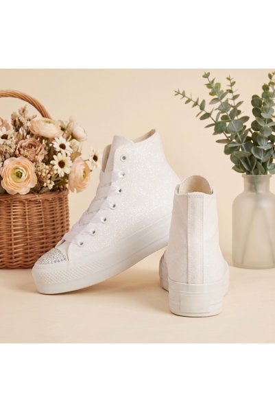 HYS SHOES Shiny Pearl White Bridal Sneakers White Glitter Wedding Dress Sneakers