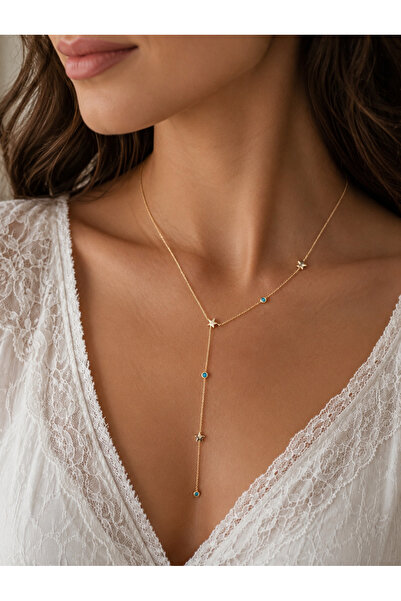 ZEYNORA JEWELLERY Kadın 14k Vip Çelik Yıldız ve Mavi Desenli Y Kolye