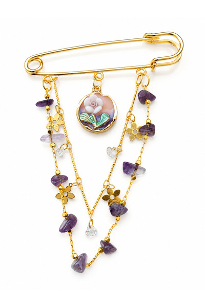Hanori Accessory – Ametist Taşlı Gül Motifli Broş Pin