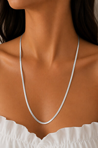 Balenbi Women's Anti-Tarnish Steel Flat Snake Chain Necklace 60+5 cm Silver C...