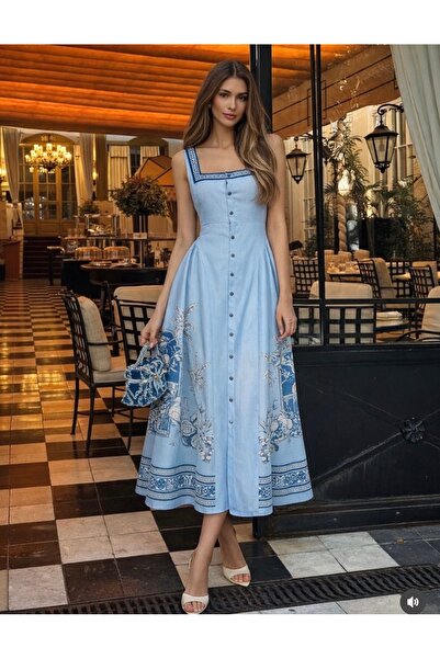 St boutique Bebe Mavi Kare Yaka Parça Detaylı Çiçek Desenli Elbise