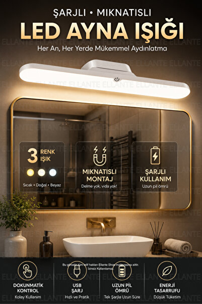 ellante Şarjlı Mıknatıslı LED Ayna Işığı 30 CM – 3 Renk Işık Modu, Dokunmatik...