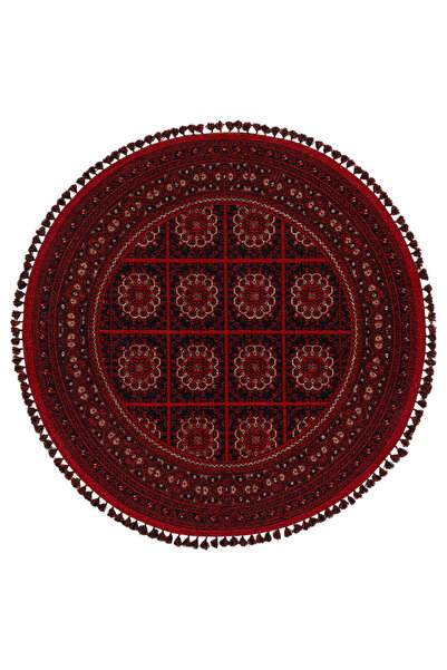 Kalesta Halı Şiraz 03 Red Afgan El Dokuma Görünümlü Yuvarlak Kilim – Yıkanabi...