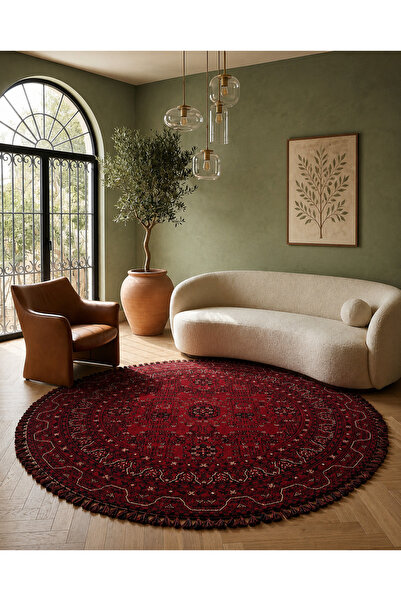 Kalesta Halı Şiraz 02 Red Afgan El Dokuma Görünümlü Yuvarlak Kilim – Yıkanabi...