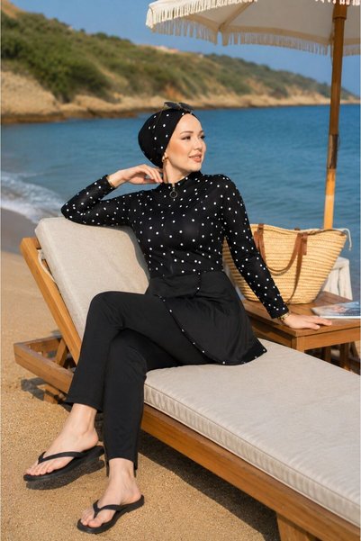 EBRUTESETTÜR Önden Yarım Fermuarlı Eteği Allerli Tesettür Mayo Siyah