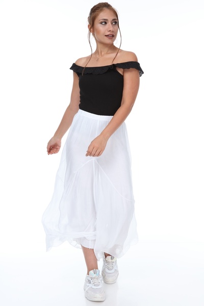 della moor Women's White Italian Elastic Waist Wide Leg Lined Silk Trousers 3...